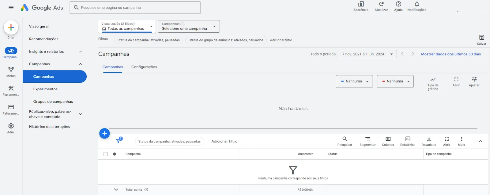 Tráfego pago: o que é e como usar para ter mais resultados Captura de tela da interface do Google Ads, mostrando a seção de Campanhas, com configurações e opções de filtragem para gerenciar campanhas publicitárias.