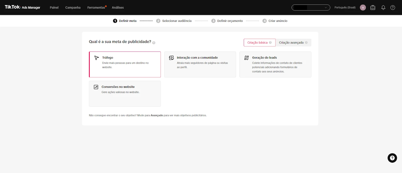 Tráfego pago: o que é e como usar para ter mais resultados Imagem da interface do TikTok Ads Manager, mostrando opções de publicidade como Tráfego e Interação com a Comunidade. A tela destaca a definição de metas publicitárias.